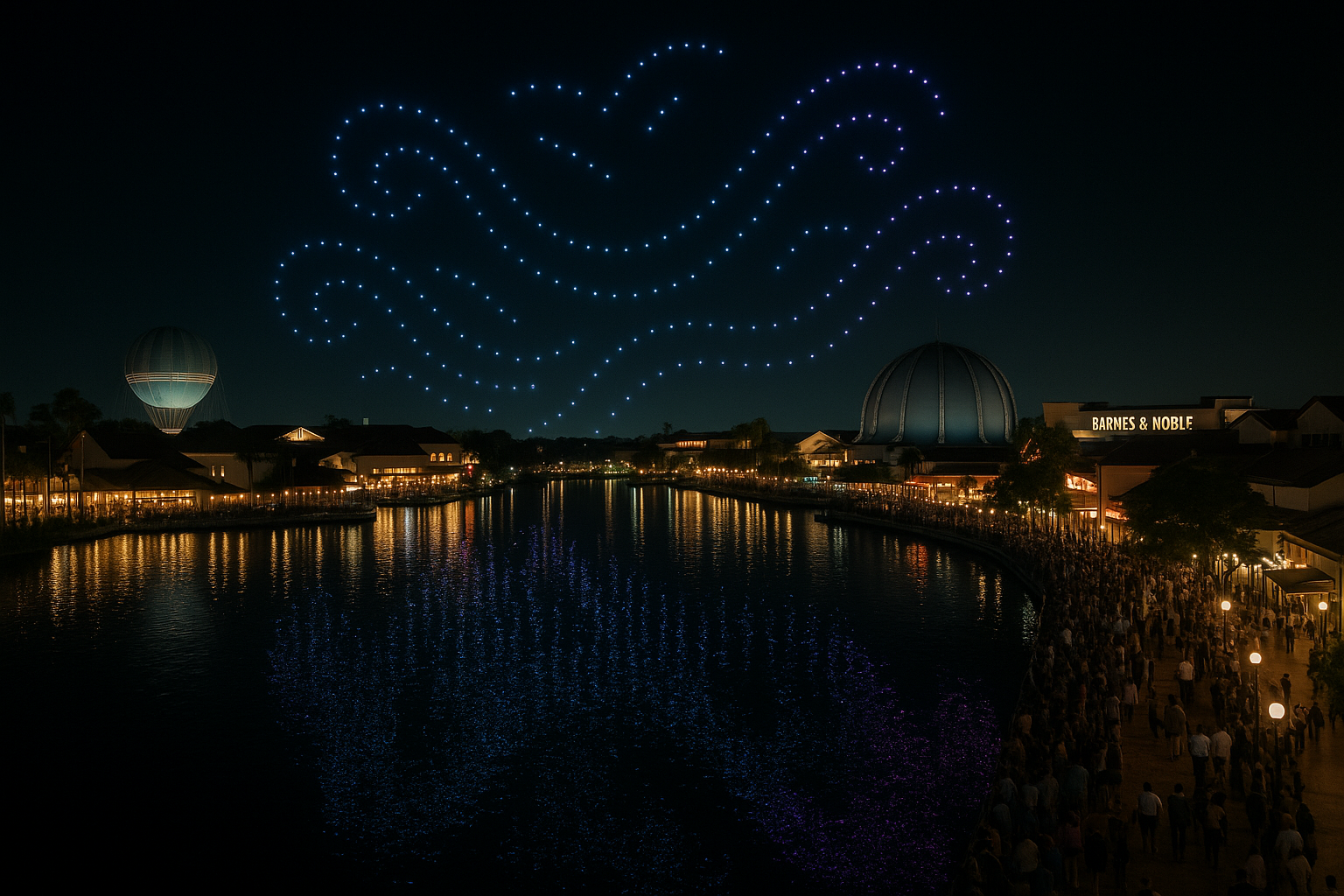 An aerial view (1536x1024) of Disney Springs at night, with multiple drones flying in formation above Lake Buena Vista, creating intricate l
