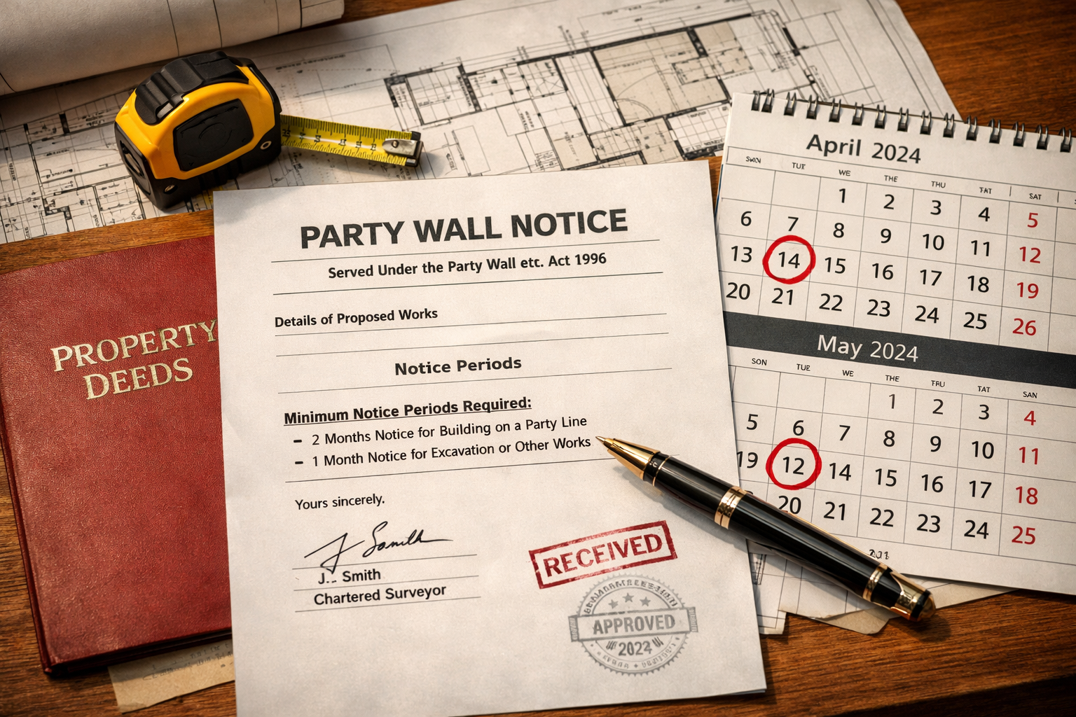 Detailed landscape format (1536x1024) image showing formal Party Wall Notice document on wooden desk with official stamps and signatures, ca