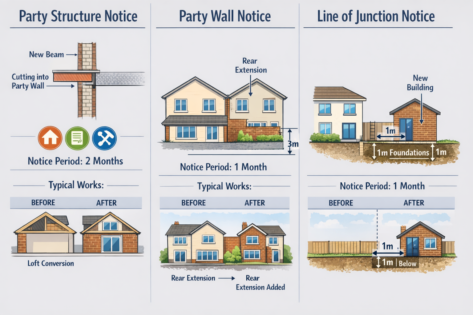 Landscape format (1536x1024) infographic-style image displaying three distinct types of Party Wall Act notices as vertical columns: Party St