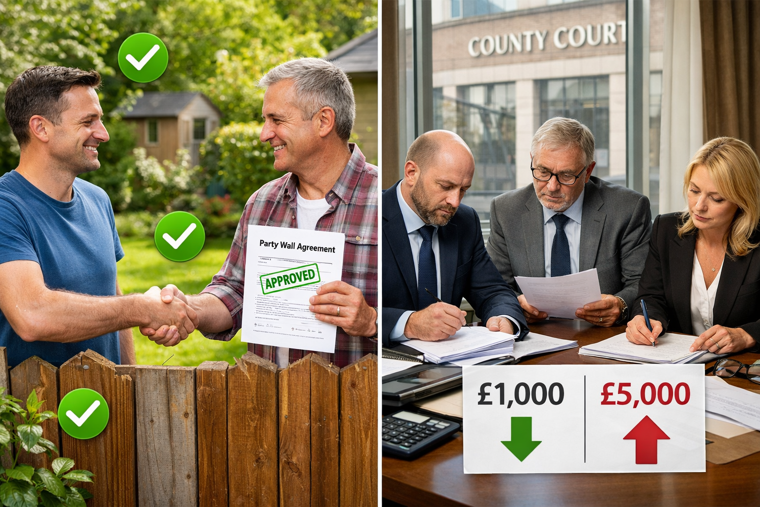 Landscape format (1536x1024) split-screen comparison image showing left side: two neighbors shaking hands over garden fence with approved Pa