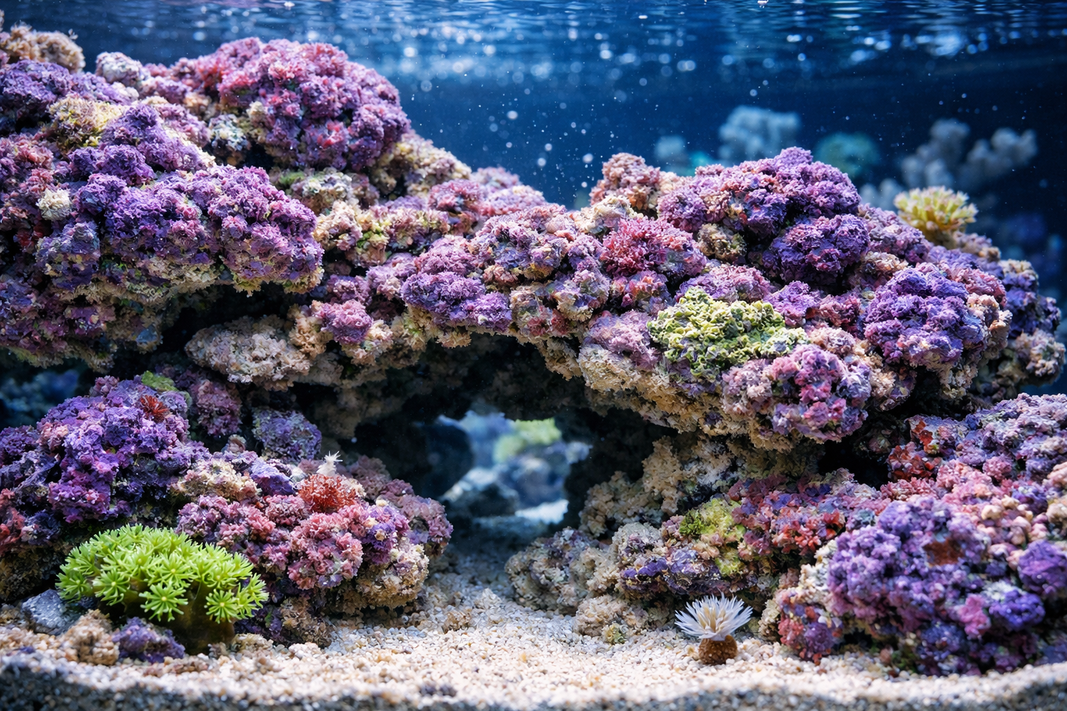 Close-up underwater view of established saltwater aquarium showing live rock formations, beneficial bacteria colonies, and crystal clear wat