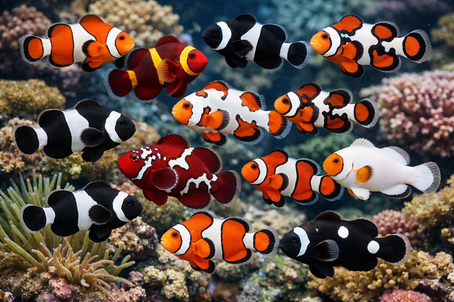 Vibrant collection of different clownfish species and morphs swimming together, showcasing Ocellaris, Percula, Maroon, and designer varietie