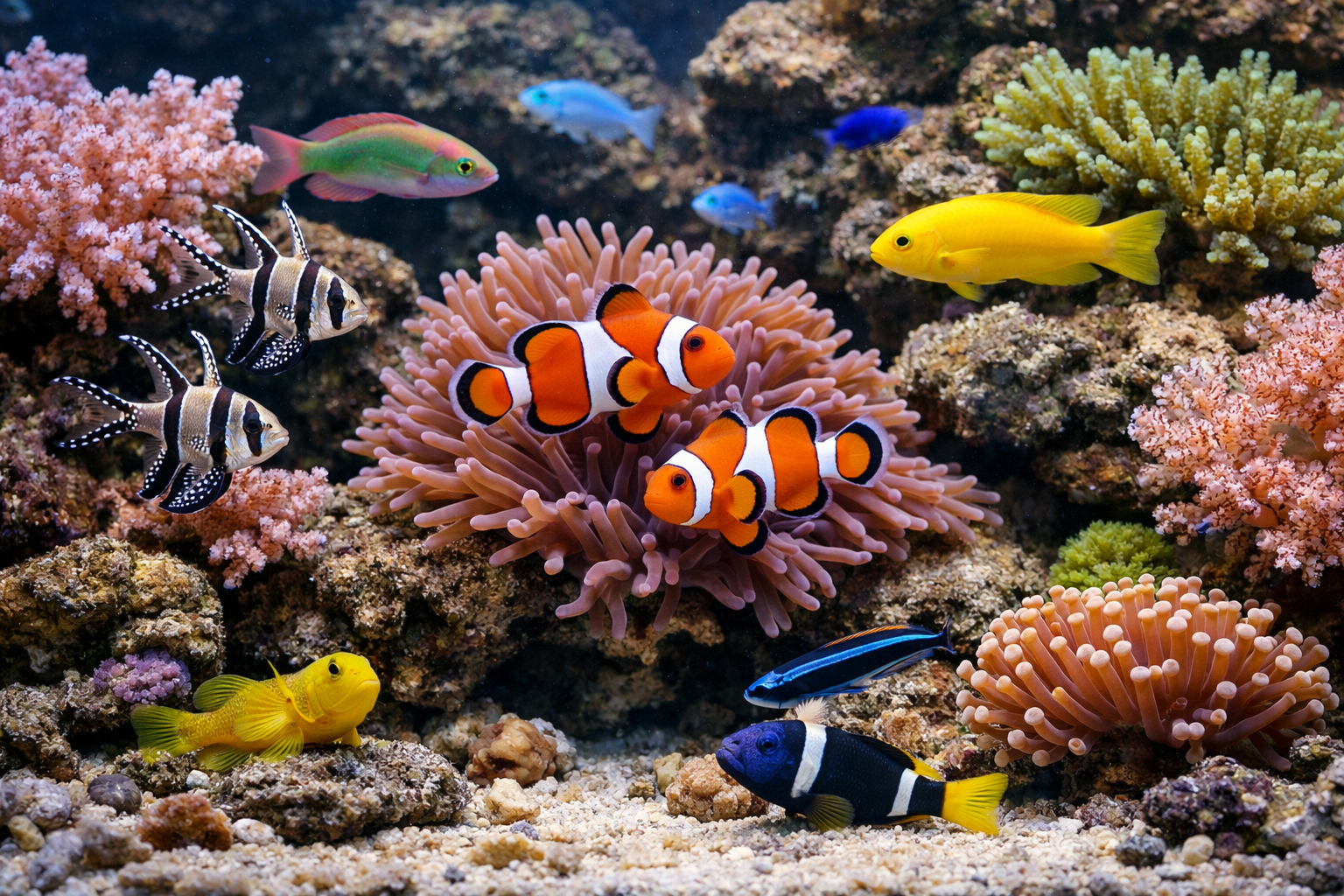 Peaceful community aquarium scene showing clownfish coexisting with compatible tankmates including cardinals, wrasses, and gobies. Natural r