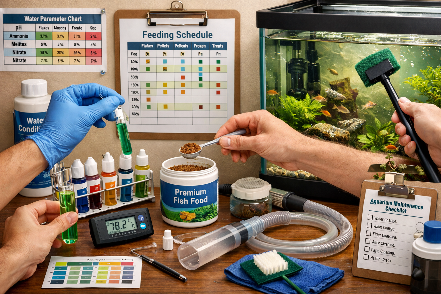 Professional aquarium maintenance scene showing water testing, feeding schedule, and equipment cleaning. Hands performing routine care tasks