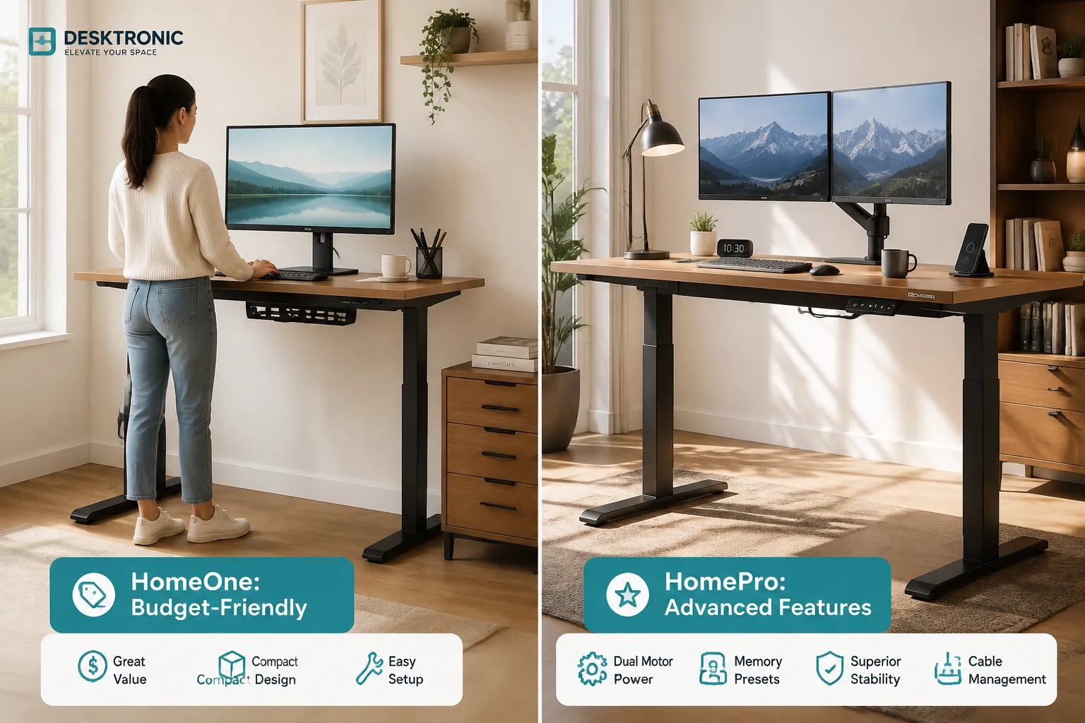 Split-screen editorial comparison image (1536x1024): Left half shows the Desktronic HomeOne Desk in a compact home office setup with a white person standing at the desk, monitor at eye level, cable tray visible underneath, labelled 'HomeOne: Budget-Friendly'. Right half shows a premium standing desk setup with a larger motorised frame and dual monitors, labelled 'HomePro: Advanced Features'. Both halves share the same bright natural daylight studio lighting, warm wood tones, teal accent labels, thin dividing line down the centre, editorial magazine quality, high contrast. Desktronic Home One 160x80cm vs Other Standing Desks: How Does It Compare?
