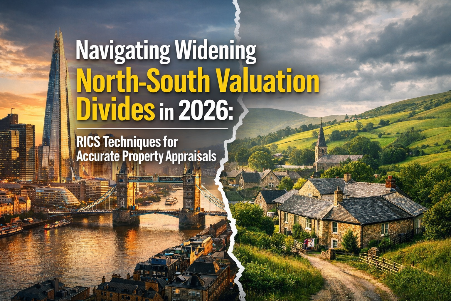 Professional landscape hero image () with : "Navigating Widening North-South Valuation Divides in 2026: RICS Techniques for