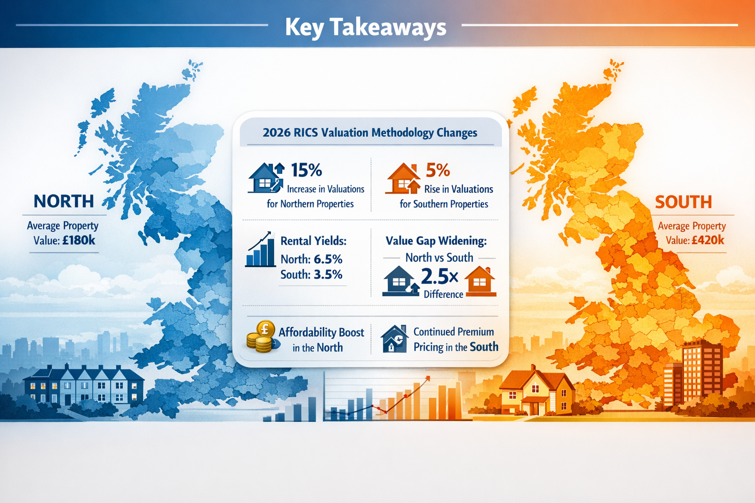 Key Takeaways section infographic: Split landscape visualization showing UK map with North and South property valuation