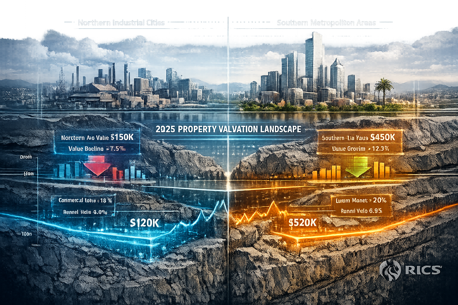 2026 North-South Property Valuation Landscape visualization: Architectural cross-section illustration revealing property