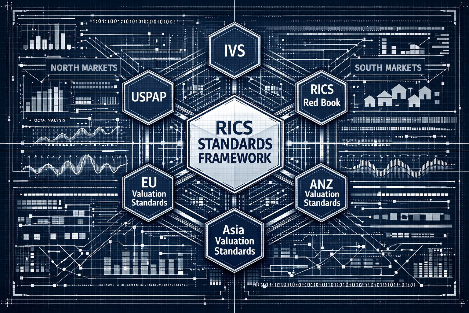 RICS Standards Framework illustration: Geometric network diagram representing interconnected valuation standards, with nodes