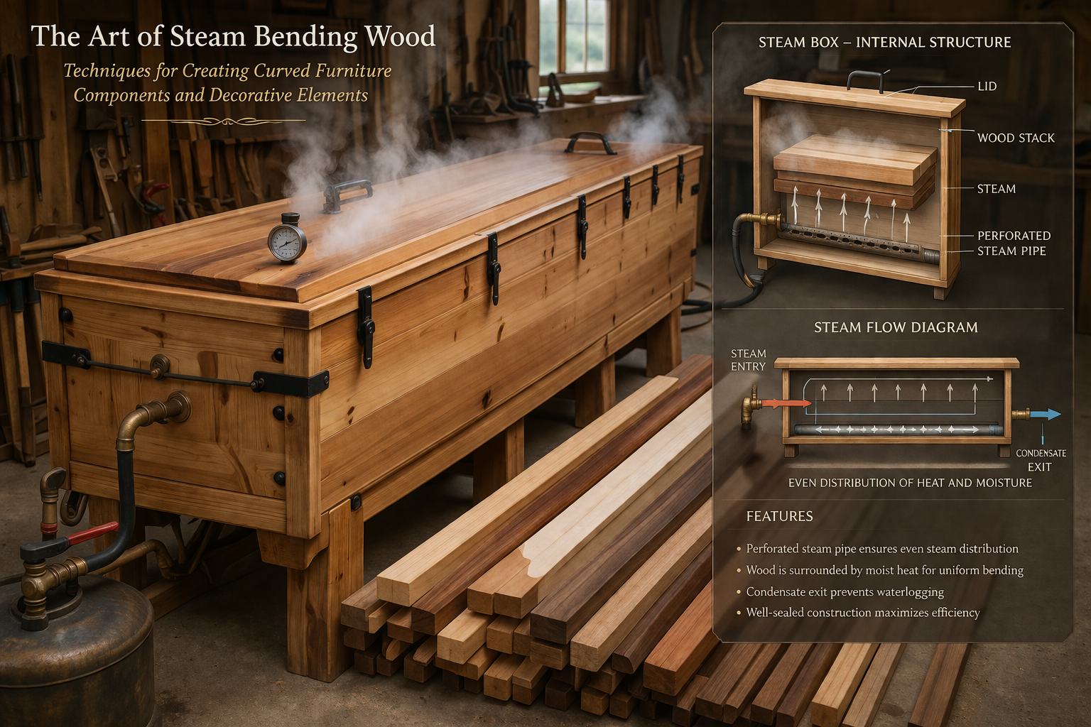 Detailed () image showing a meticulously constructed wooden steam box with steam gently escaping from the seams,