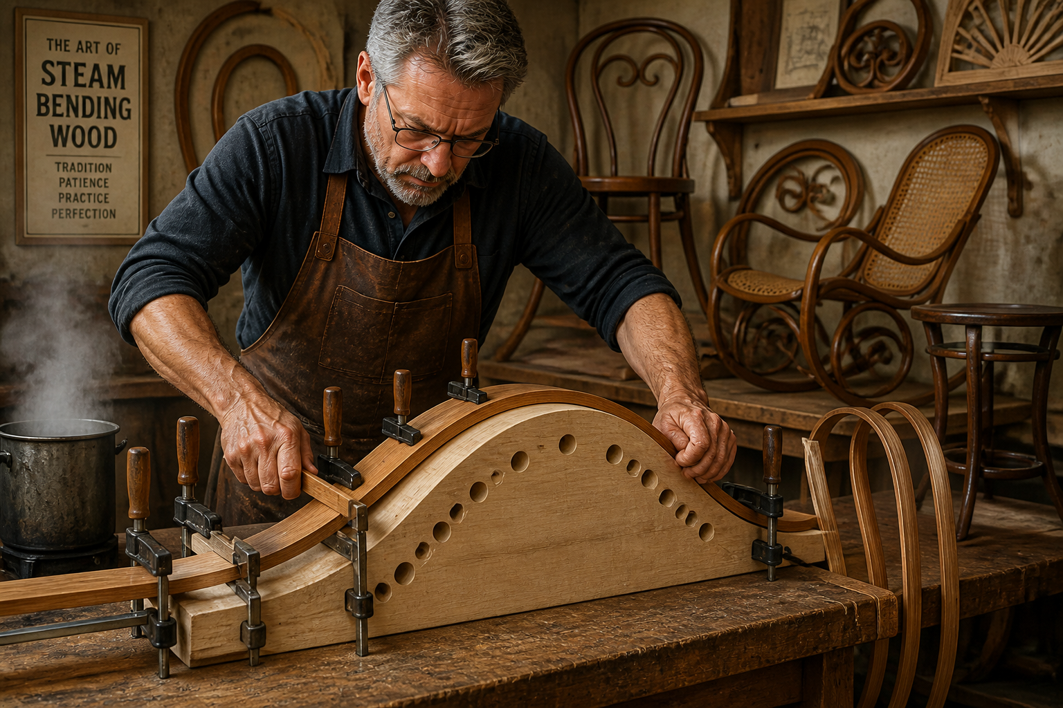 A master woodworker, wearing a leather apron, is shown applying firm, controlled pressure to a steamed wood strip against a