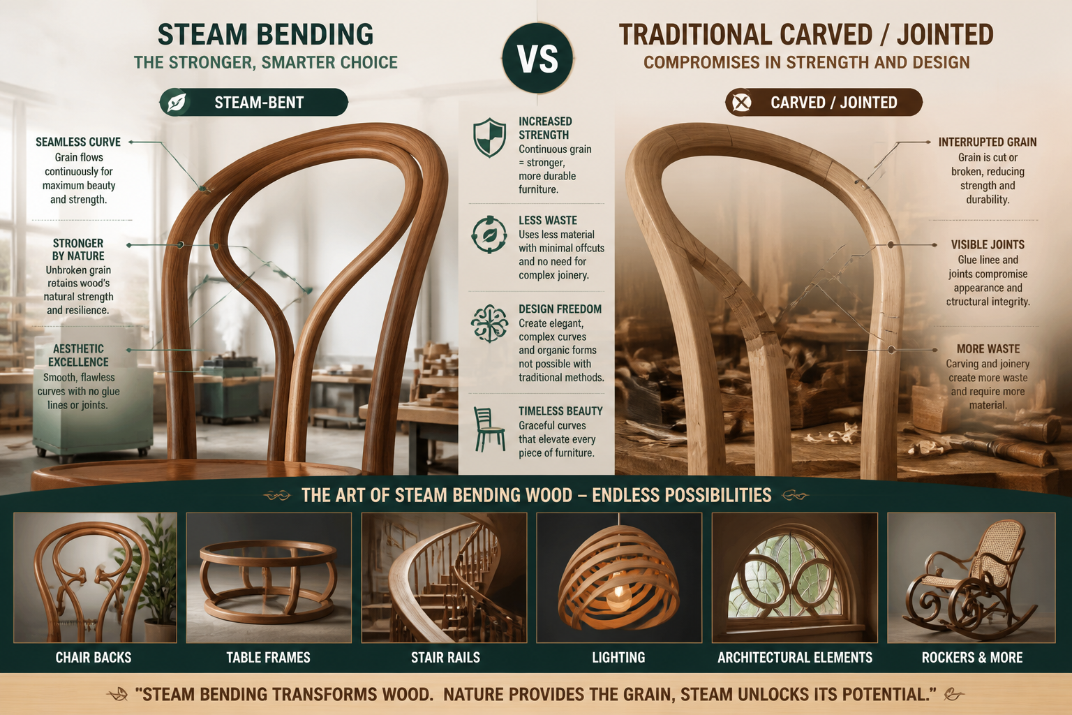 A compelling split-screen () image comparing steam-bent wood with traditionally carved or jointed curved wood. On one side,