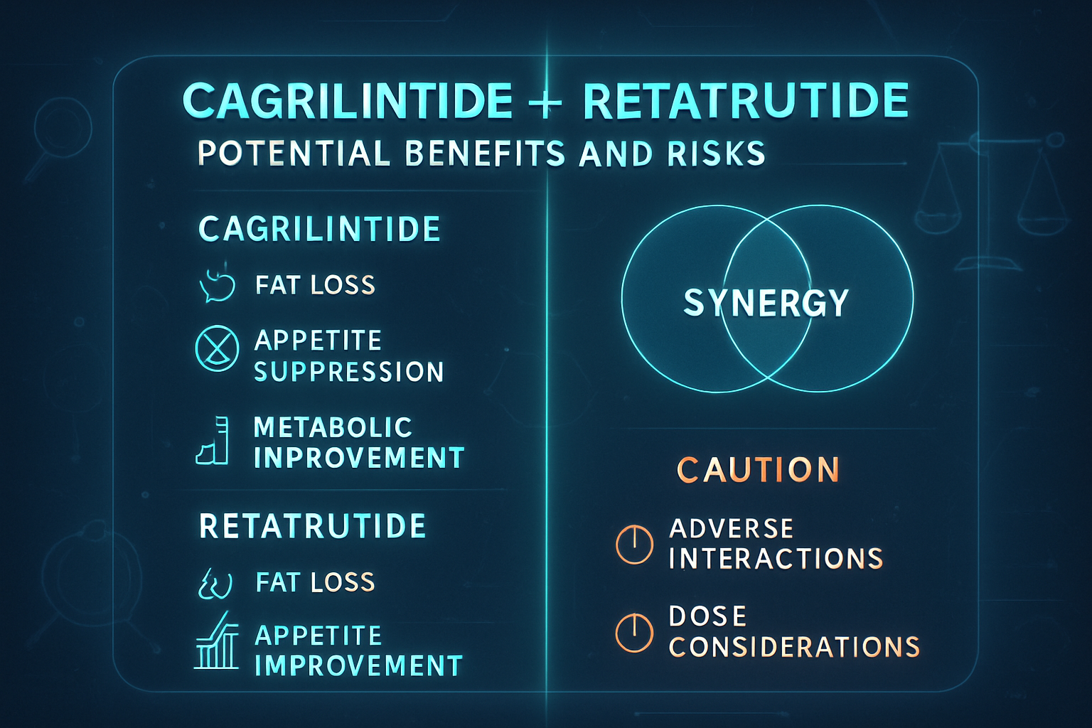 A scientific comparison chart or diagram evaluating the potential benefits and risks of a cagrilintide and retatrutide stack. One side of th