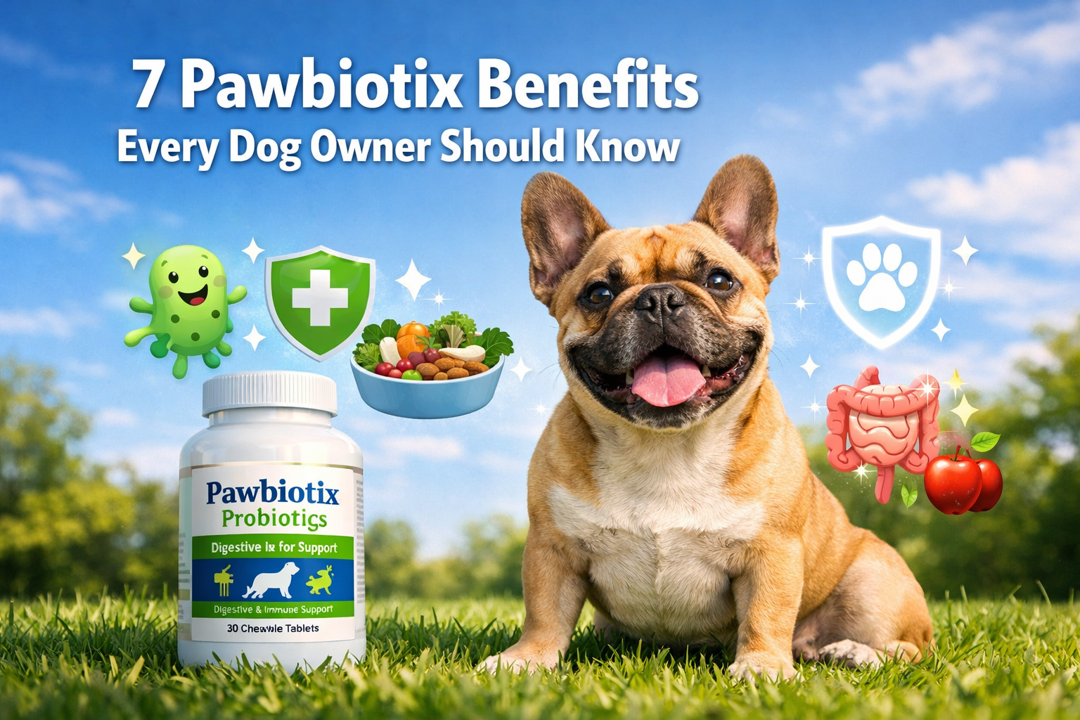 Professional landscape format (1536x1024) hero image featuring bold text overlay '7 Pawbiotix Benefits Every Dog Owner Should Know' in extra
