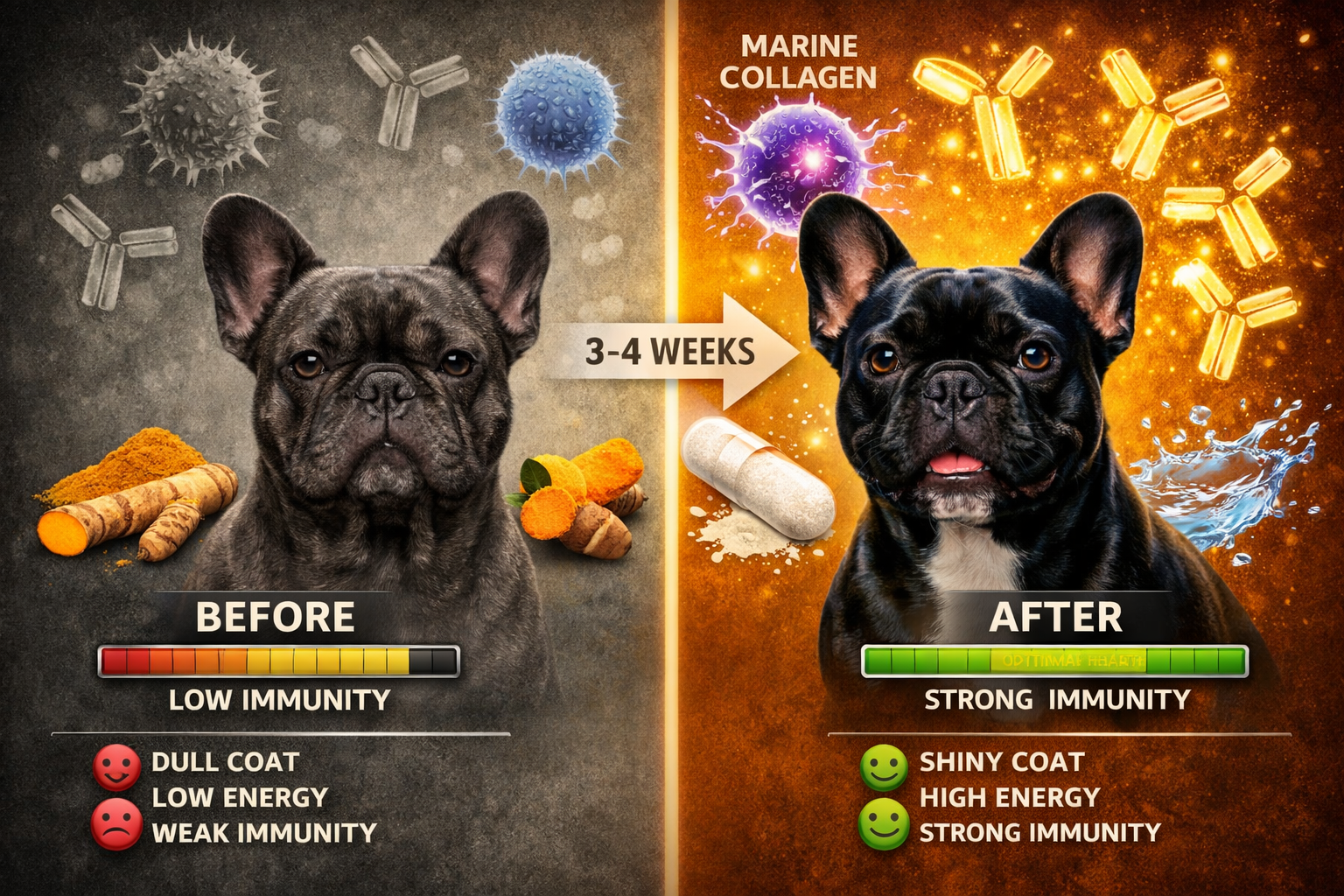 Portrait format (1024x1536) split-screen comparison image showing French Bulldog with dull coat transforming to shiny healthy coat, alongsid