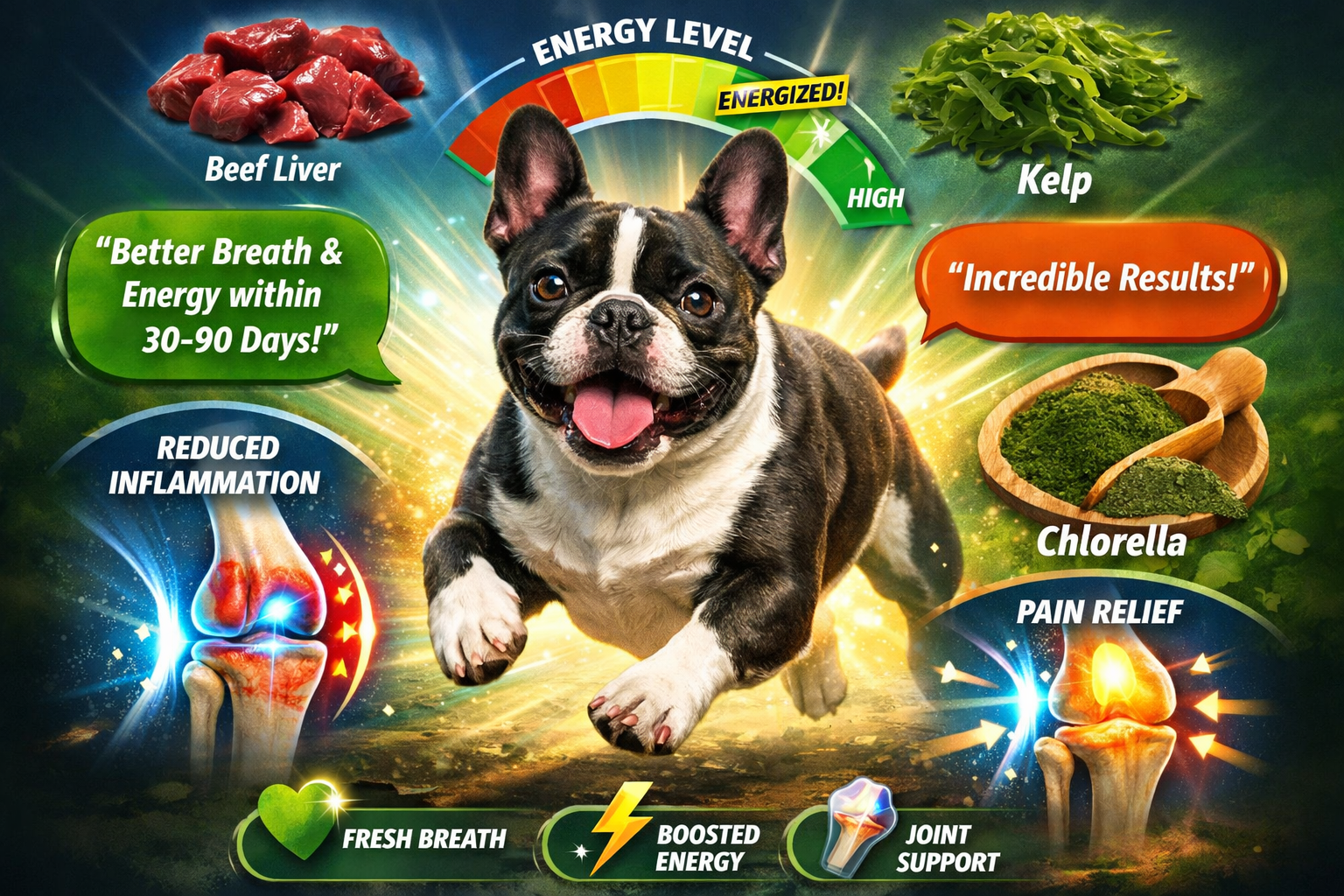 Portrait format (1024x1536) energetic French Bulldog in active pose with energy level meter showing increased vitality, surrounded by natura