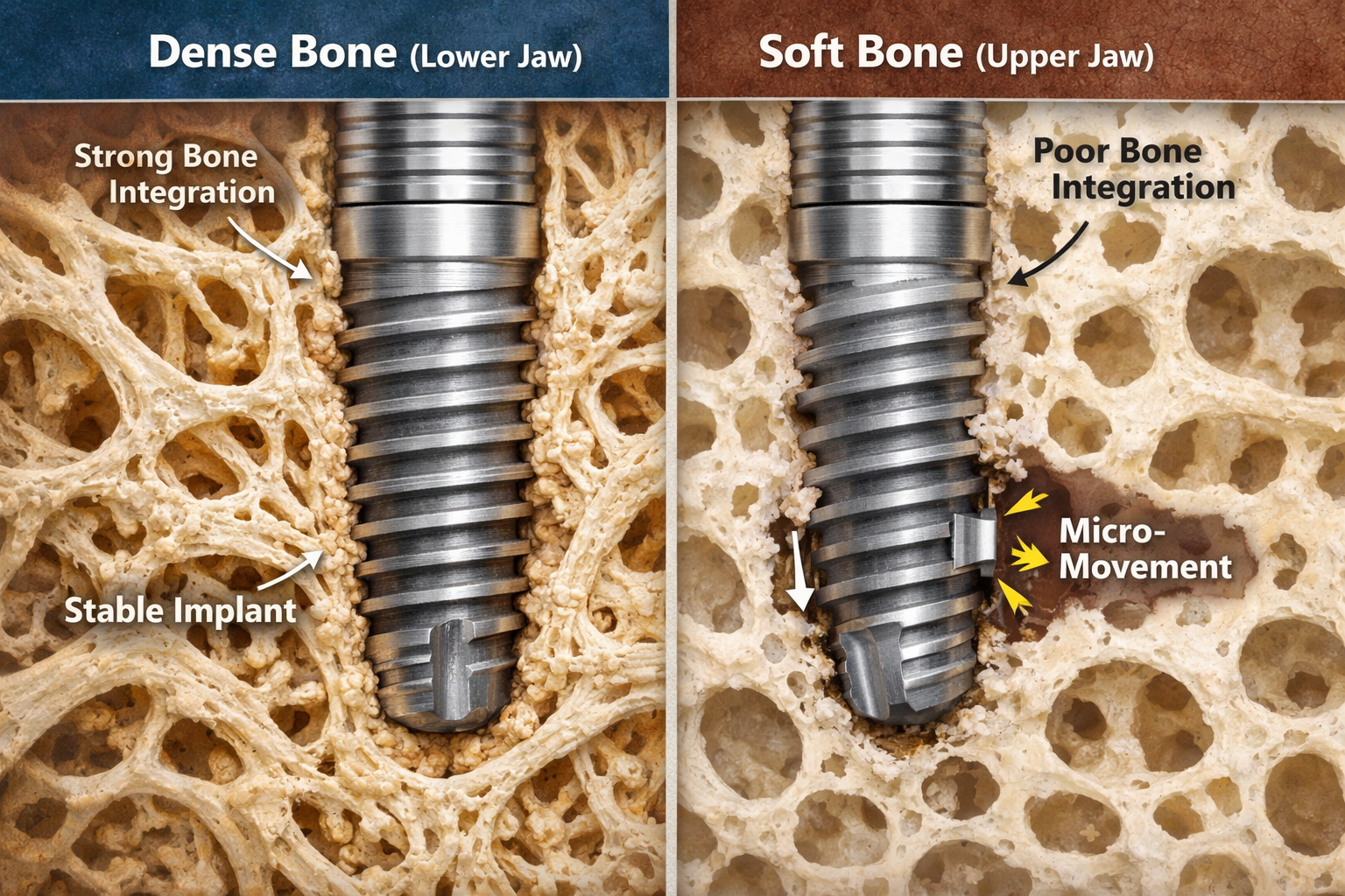 Why do upper dental implants fail more than lower implants