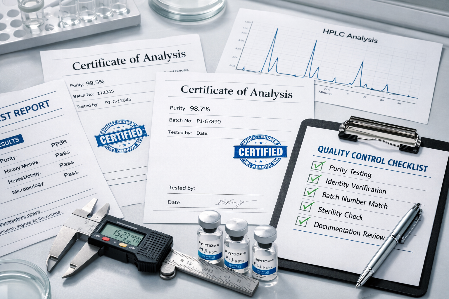 Landscape format (1536x1024) professional photograph of quality assurance documentation and testing certificates spread on laboratory desk, 