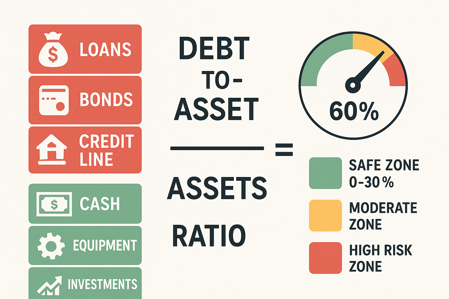 Detailed infographic illustration showing the debt-to-asset ratio formula with visual breakdown: numerator showing stacked debt items (loans