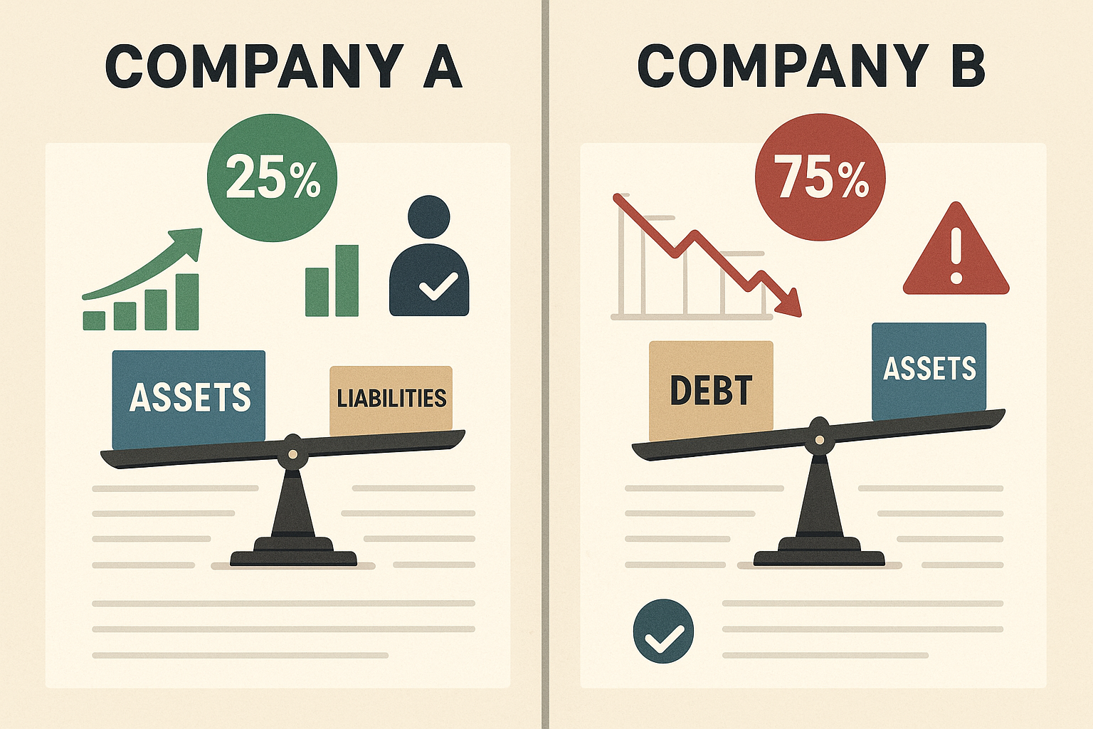 Split-screen comparison visualization showing two companies side by side: left side displays Company A with low debt-to-asset ratio (25%) fe
