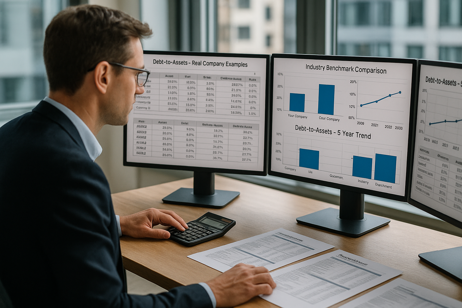 Professional business analysis scene showing financial analyst reviewing debt-to-asset calculations on multiple screens, with visible spread