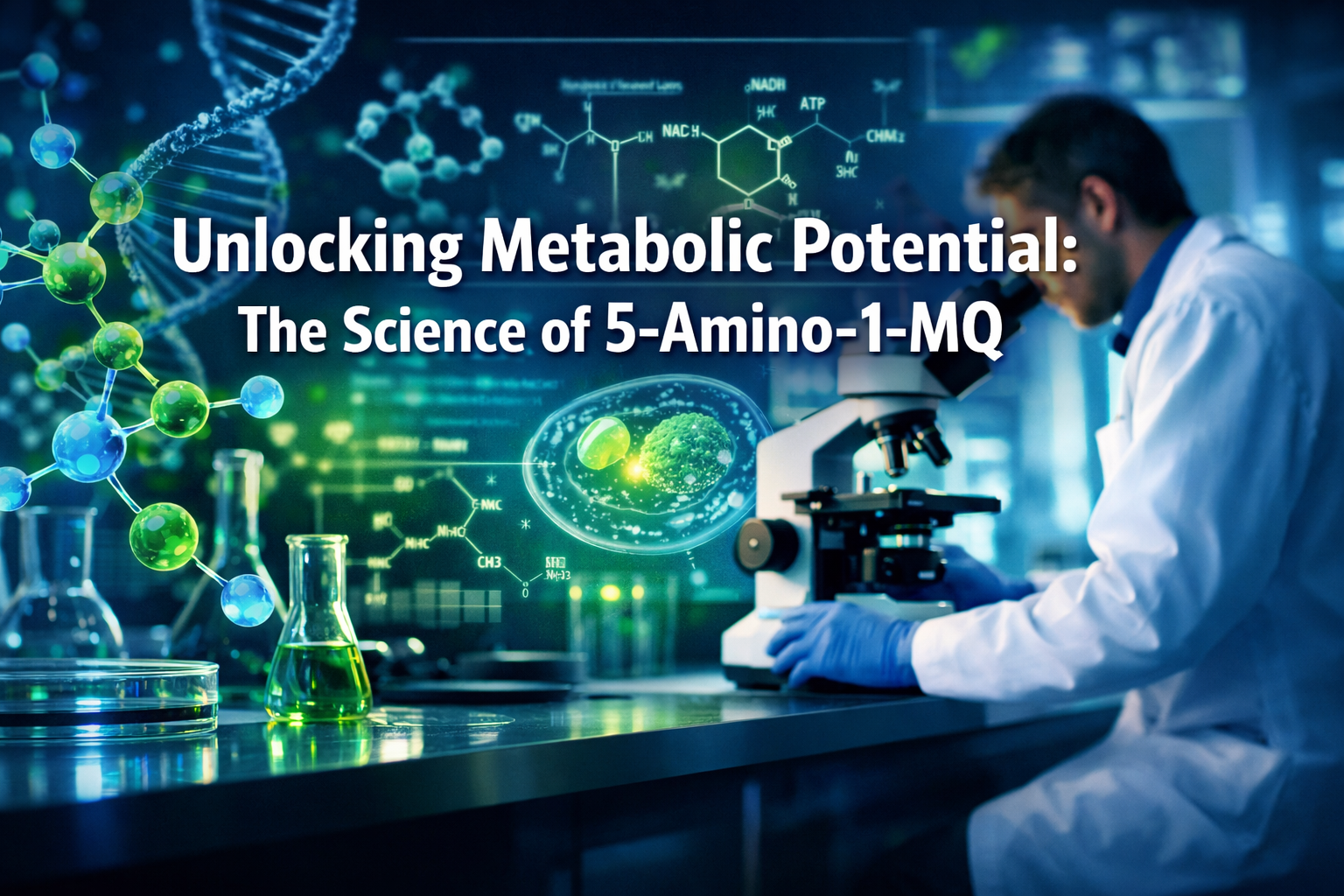 Professional landscape hero image (1536x1024) with bold text overlay: 'Unlocking Metabolic Potential: The Science of 5-Amino-1-MQ', modern s