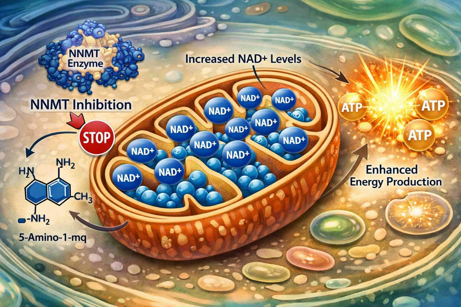 A detailed illustration showing the mechanism of action of 5-amino-1-mq inhibiting NNMT activity within a stylized cell. Focus on a mitochon