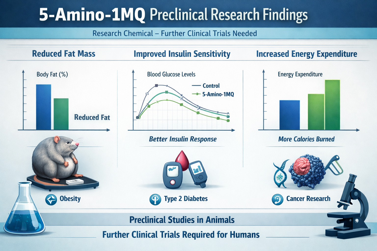 An infographic detailing the preclinical research findings on 5-amino-1-mq, showcasing animal study results with charts and graphs. Visual e
