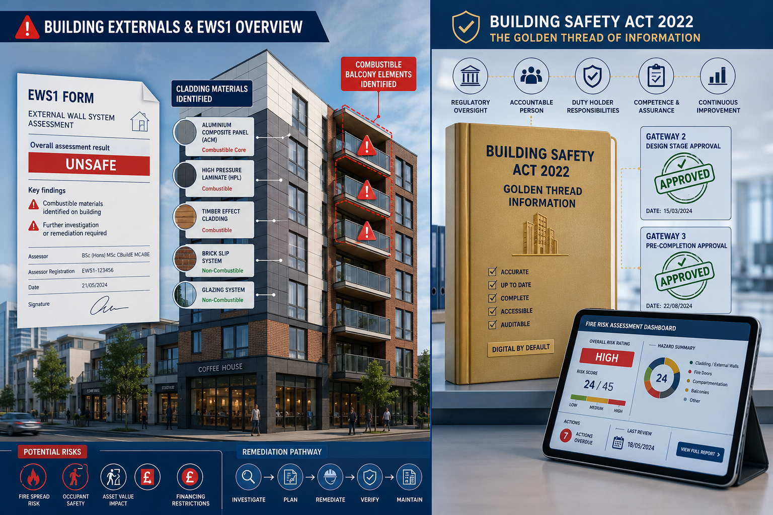 () split-panel infographic-style image showing left side: a medium-rise mixed-use building facade with EWS1 form , cladding
