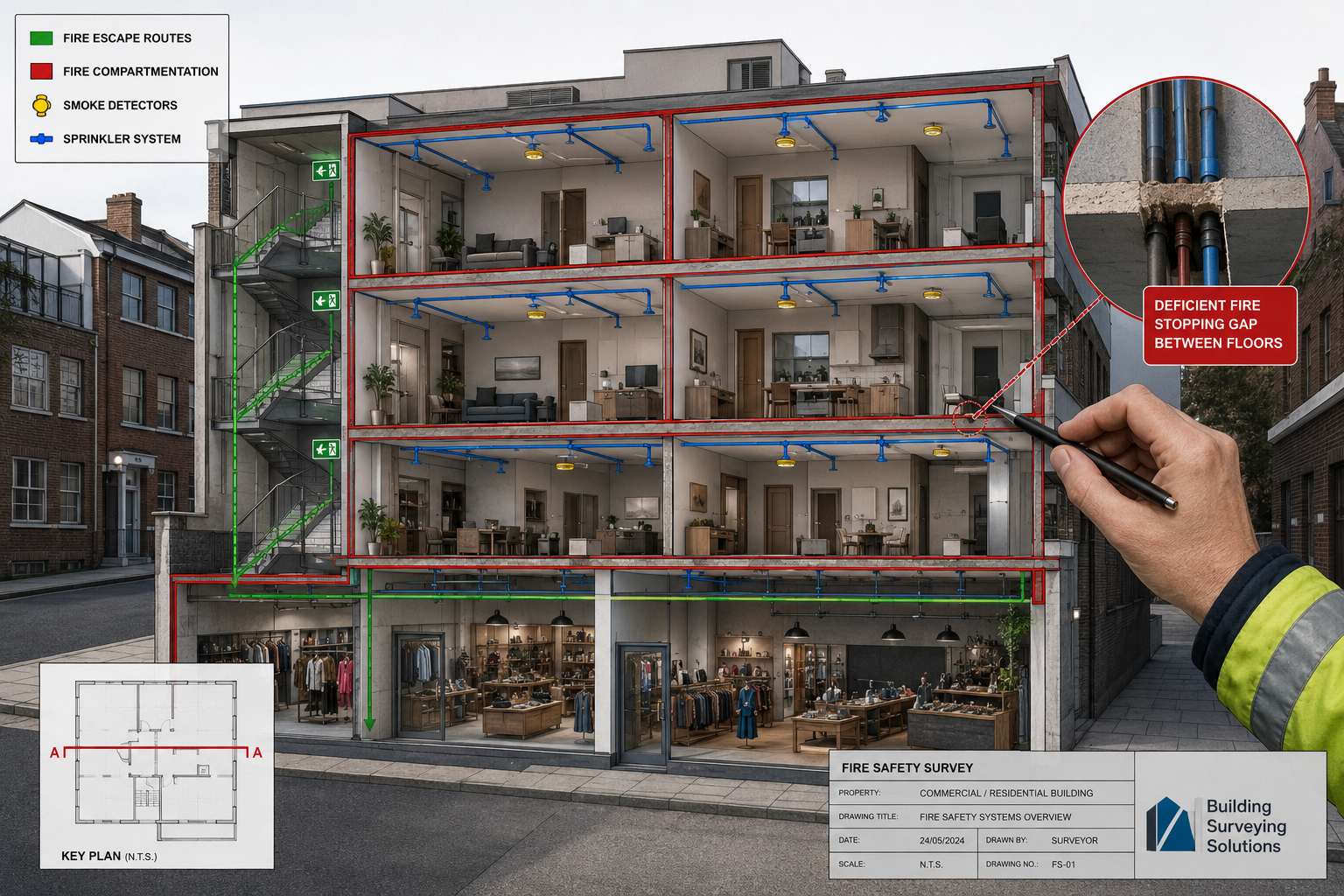() bird's-eye architectural cross-section diagram of a mixed-use building showing ground floor retail space, upper