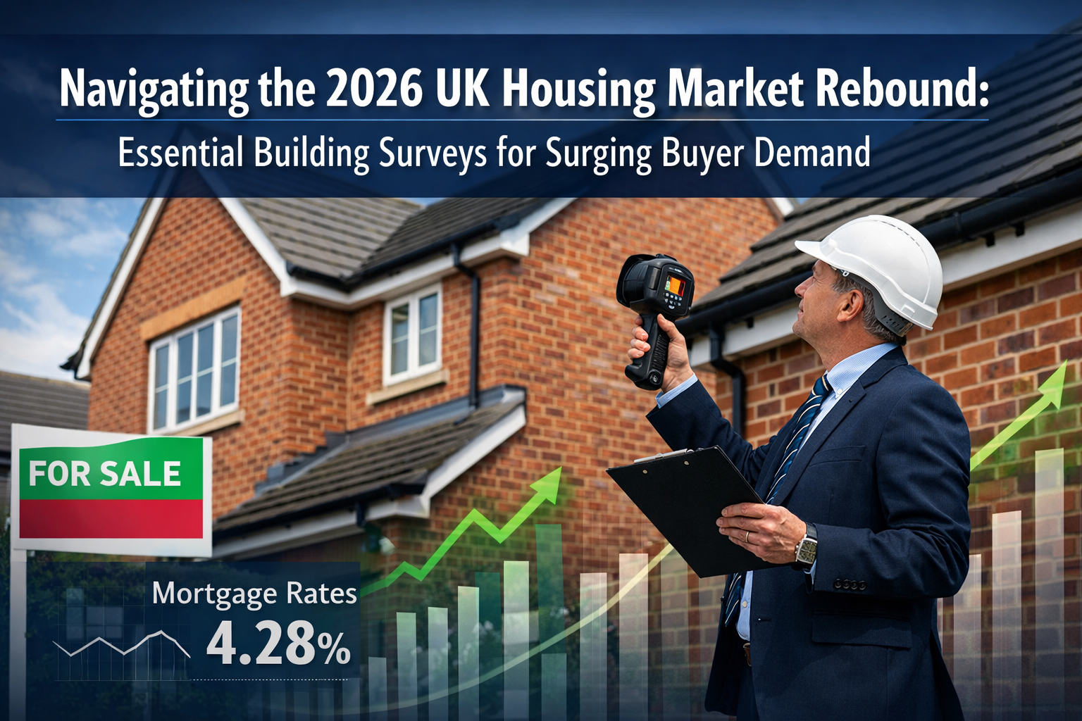 Professional landscape format (1536x1024) hero image featuring bold text overlay 'Navigating the 2026 UK Housing Market Rebound: Essential B