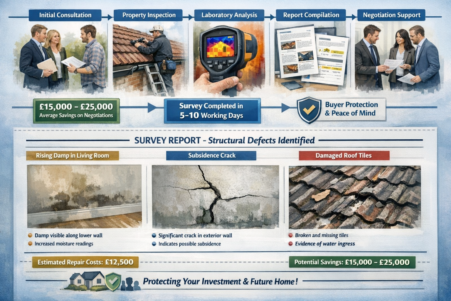 Detailed landscape format (1536x1024) image depicting professional building survey process workflow from start to finish. Top section shows 