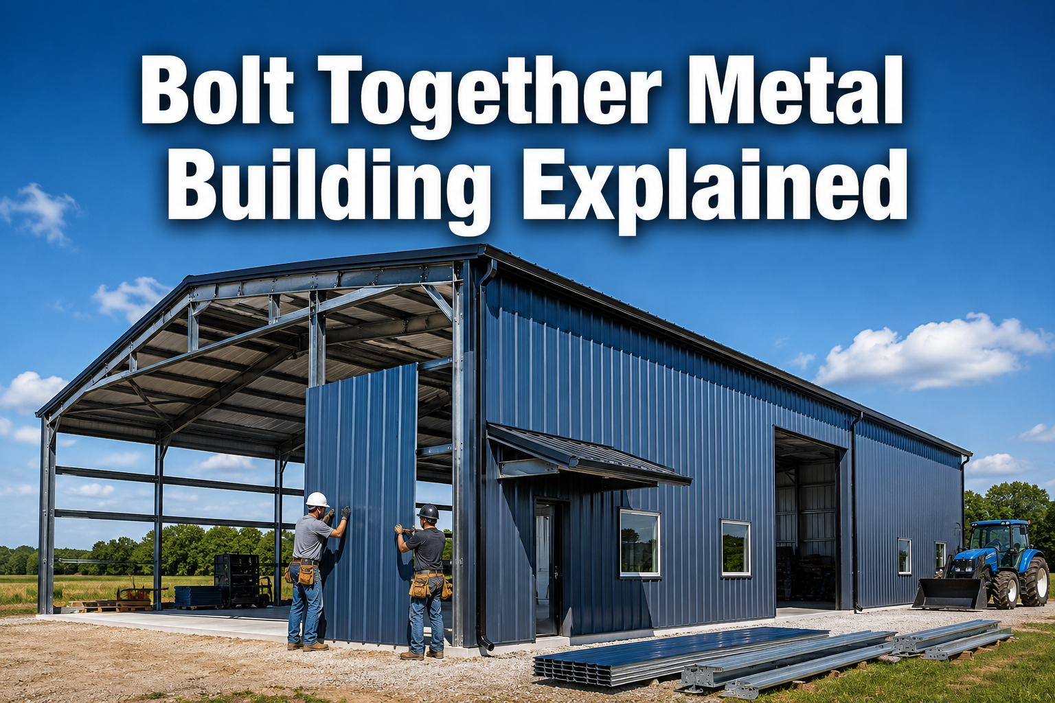 Professional () hero image with : 'Bolt Together Metal Building Explained' in extra large white with dark drop , centered in