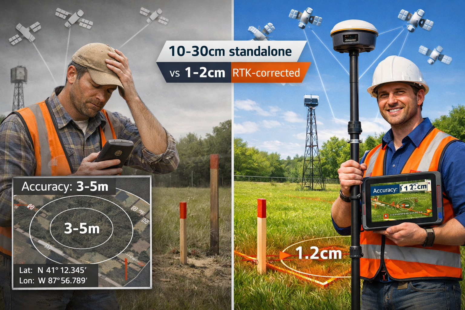 Detailed landscape format (1536x1024) image showing split-screen comparison of traditional GPS versus modern GNSS RTK technology for propert