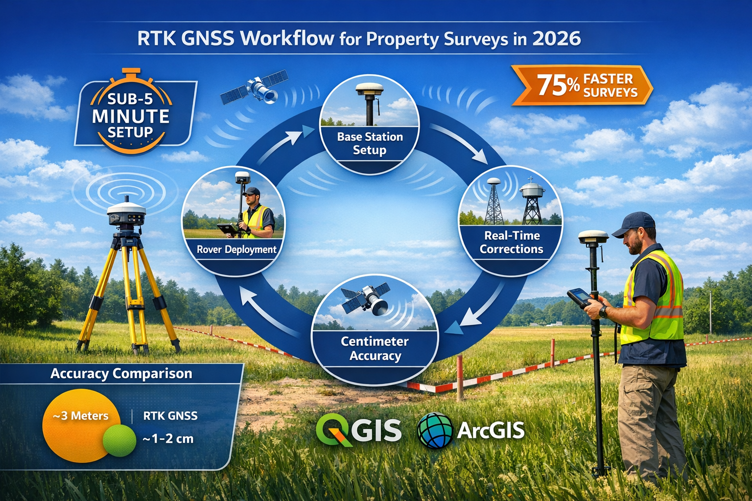 Detailed landscape format (1536x1024) infographic-style image illustrating RTK GNSS workflow for property boundary surveys in 2026. Center: 