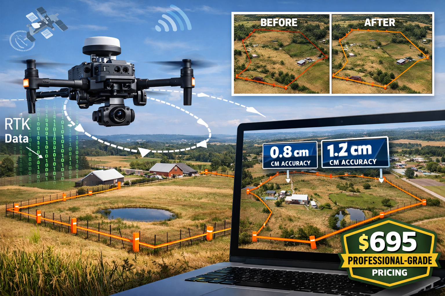 Detailed landscape format (1536x1024) image showcasing autonomous drone surveying technology integrated with GNSS for large-scale property b