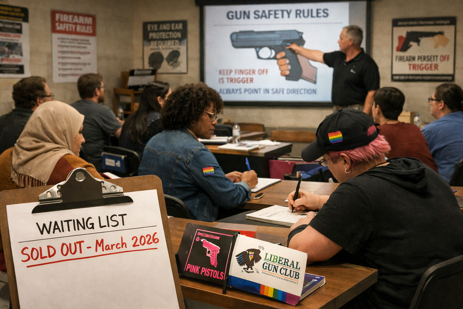 Landscape format (1536x1024) editorial image showing crowded firearms training classroom with diverse participants - women in headscarves, L