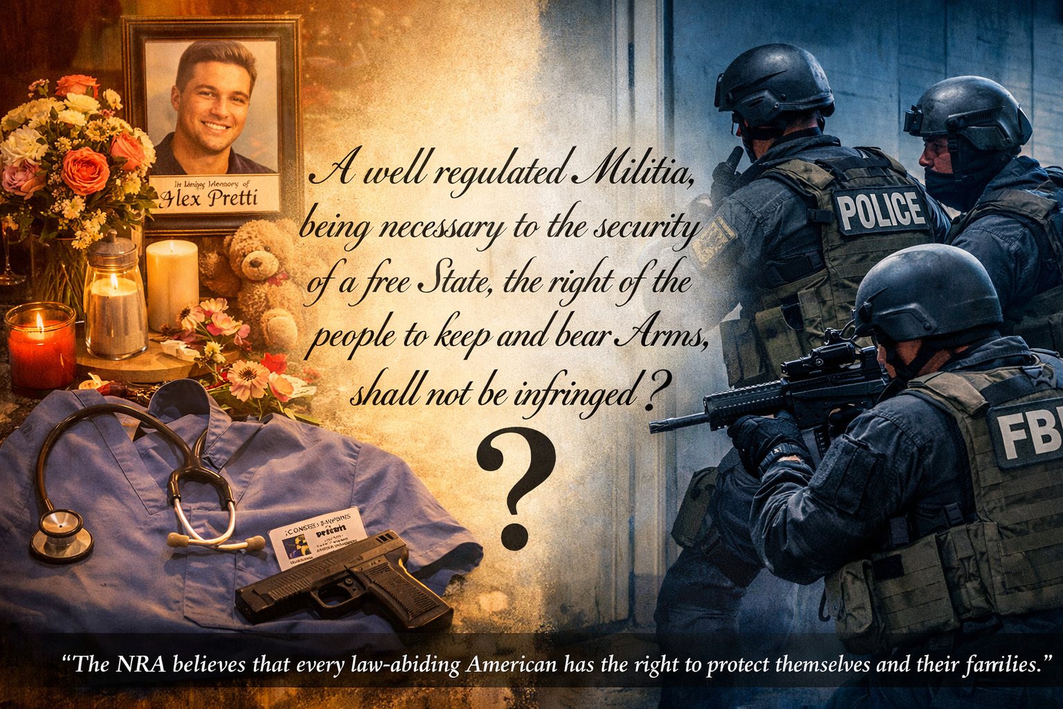 Landscape format (1536x1024) split-screen editorial composition showing contrast: left side depicts Alex Pretti memorial with flowers, ICU n