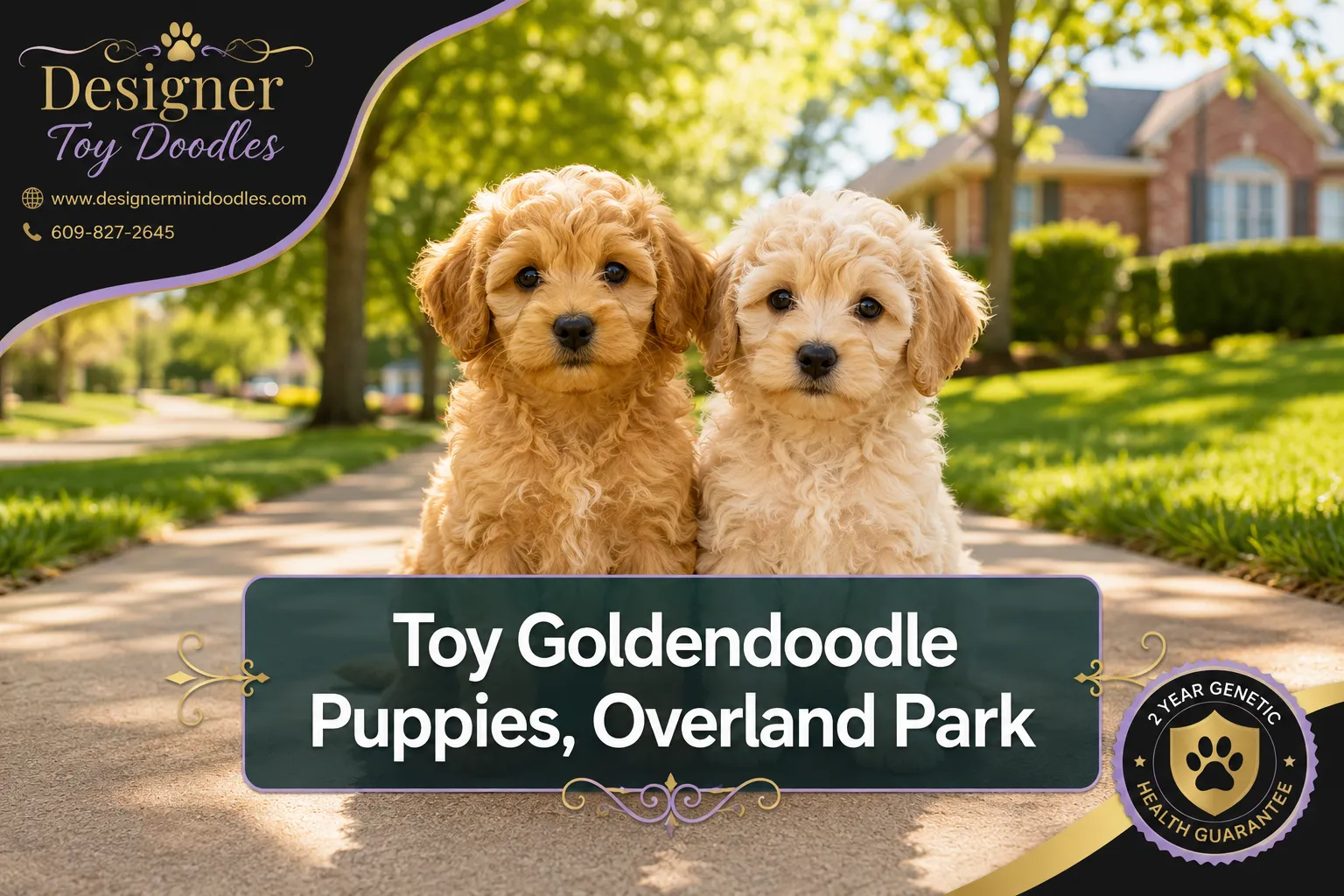 Professional () editorial hero image with SHORT : 'Toy Goldendoodle Puppies, Overland Park' rendered on two centered lines