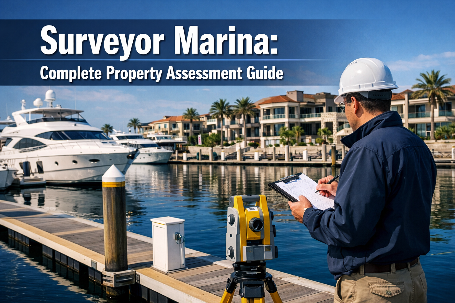 Professional landscape hero image (1536x1024) featuring bold text overlay 'Surveyor Marina: Complete Property Assessment Guide' in extra lar