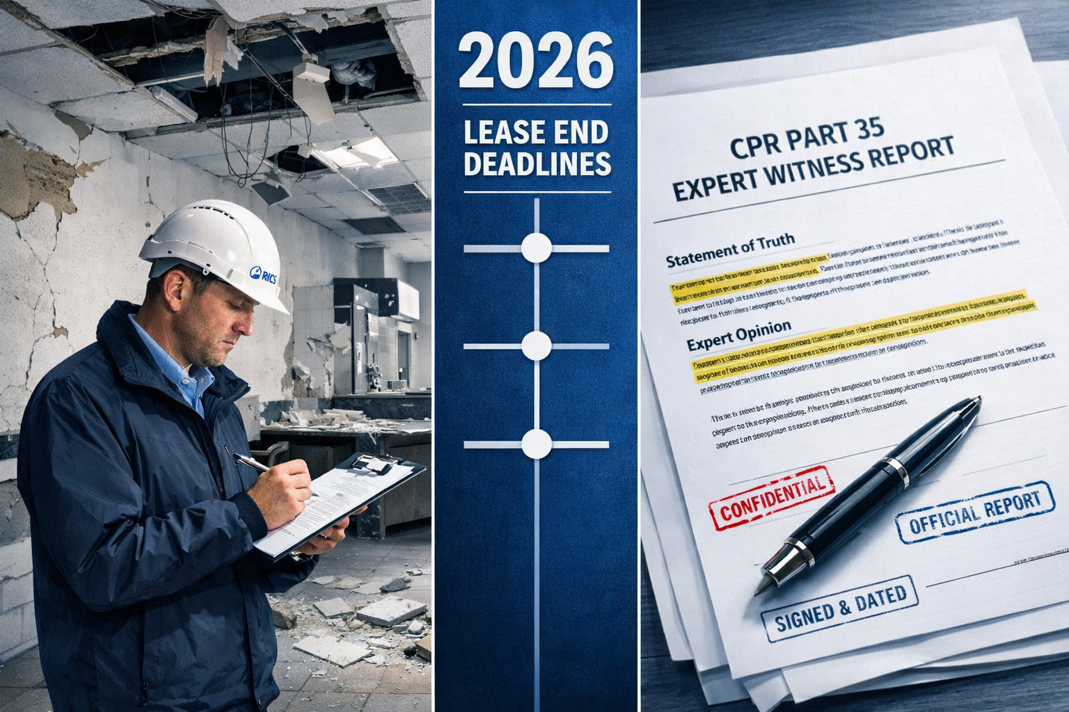 () editorial illustration showing a split-scene composition: on the left, a RICS-qualified surveyor in a hard hat inspects a