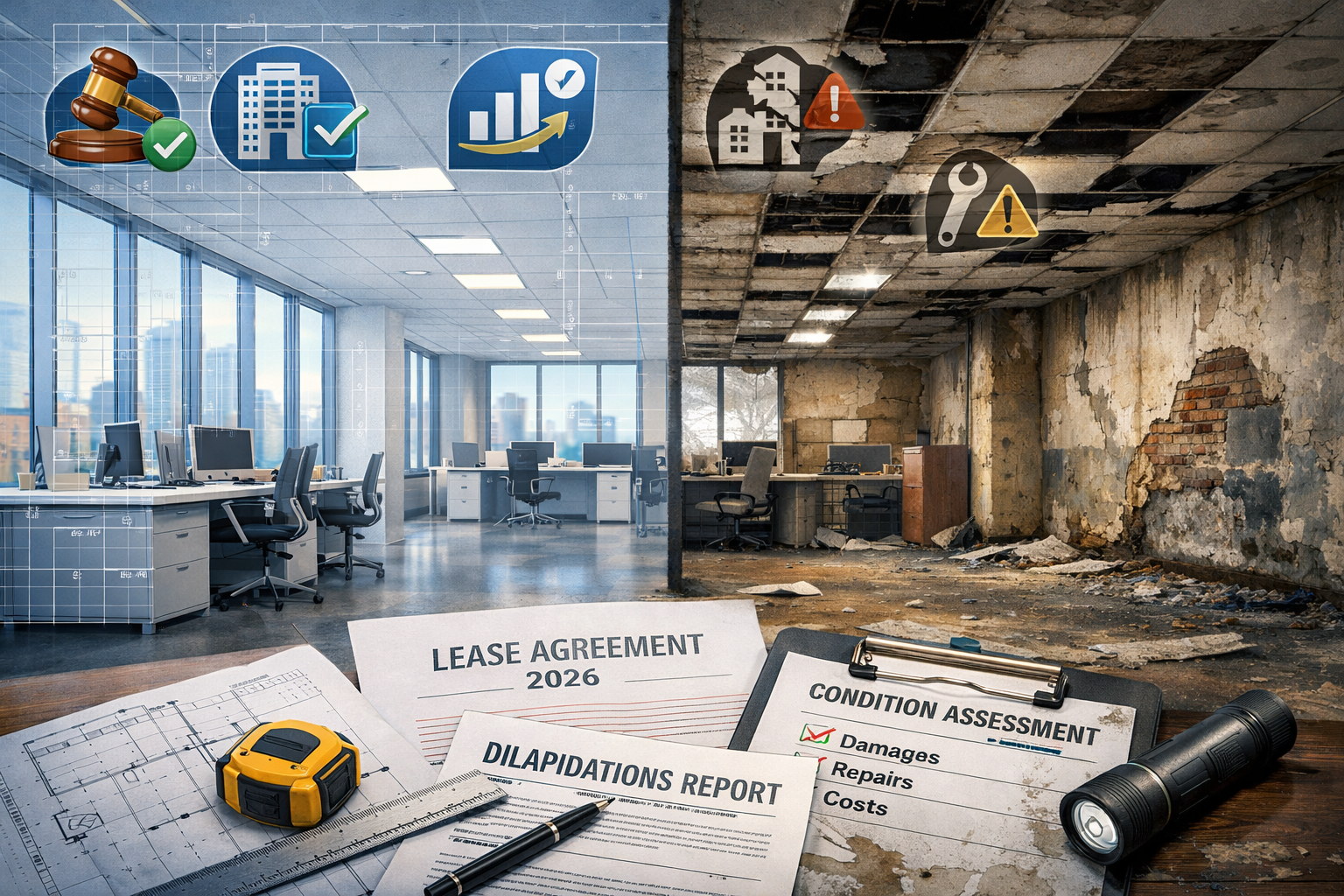 Split-screen editorial illustration depicting commercial lease dilapidations dispute in 2026: Left side shows pristine