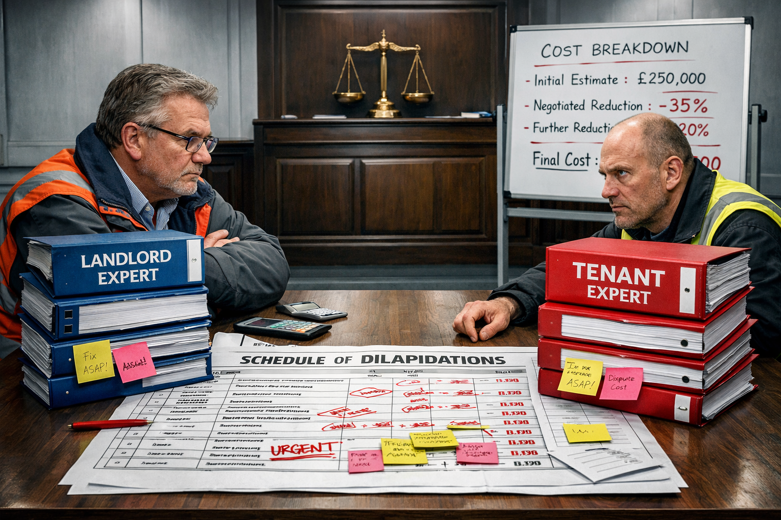 () dramatic courtroom-adjacent scene showing two opposing surveyors at a mediation table, each with stacked expert witness