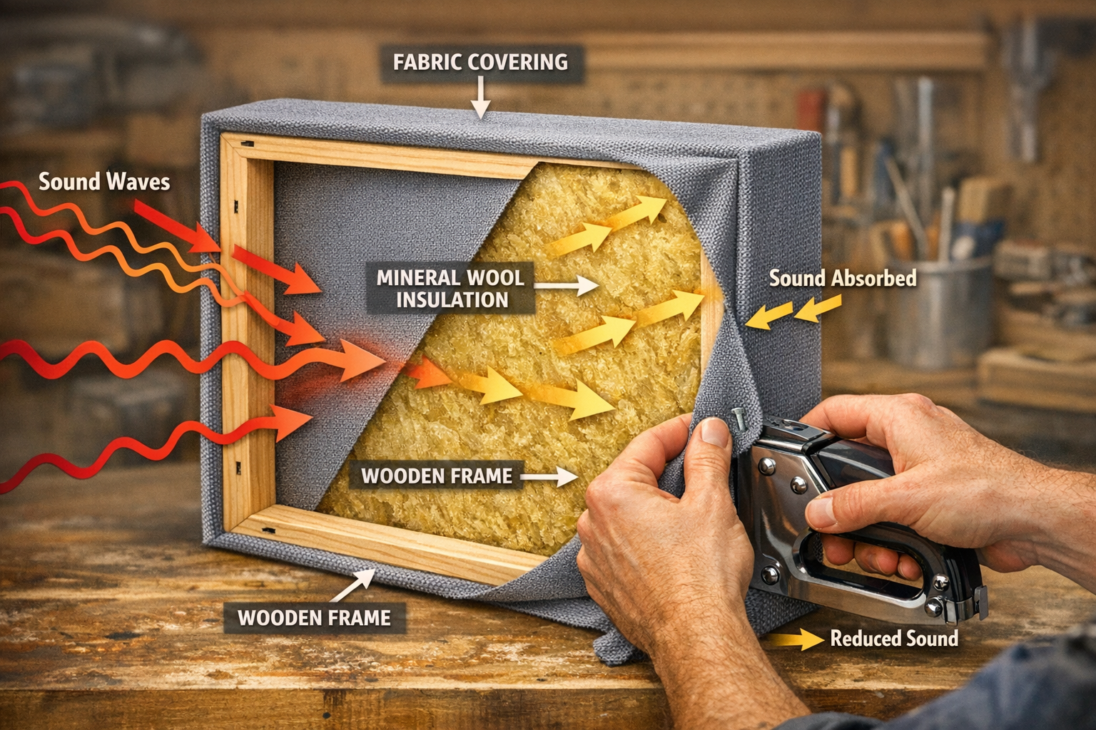 A detailed () image showcasing a cutaway diagram of a DIY acoustic panel, revealing its internal layers: a solid wooden