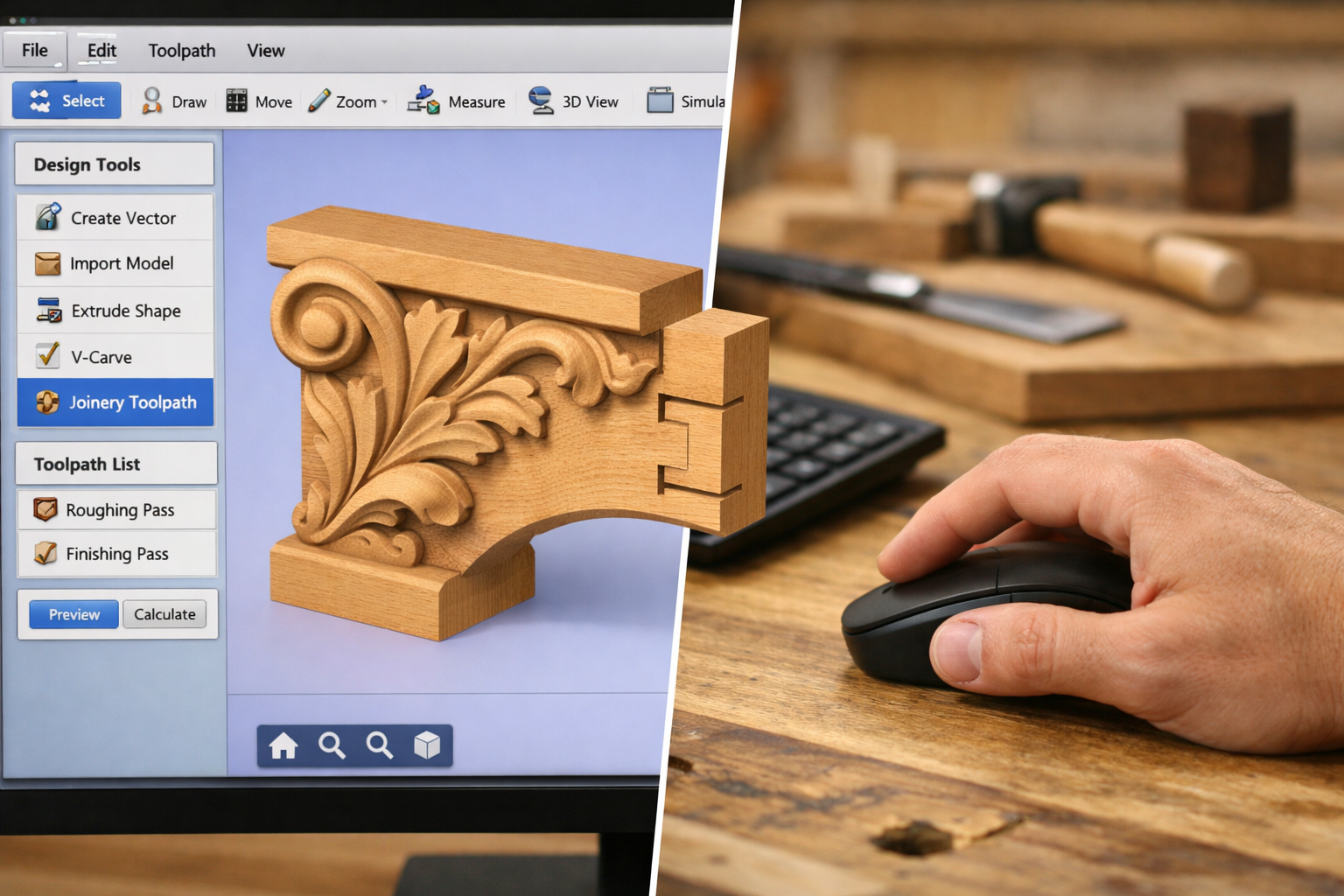 A detailed () image showcasing a split screen: one side displays a user-friendly CAD/CAM software interface with a 3D model