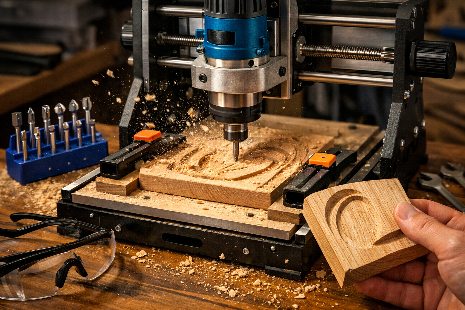 A vibrant () image illustrating a small, desktop CNC router actively carving a wooden workpiece. The machine should be in