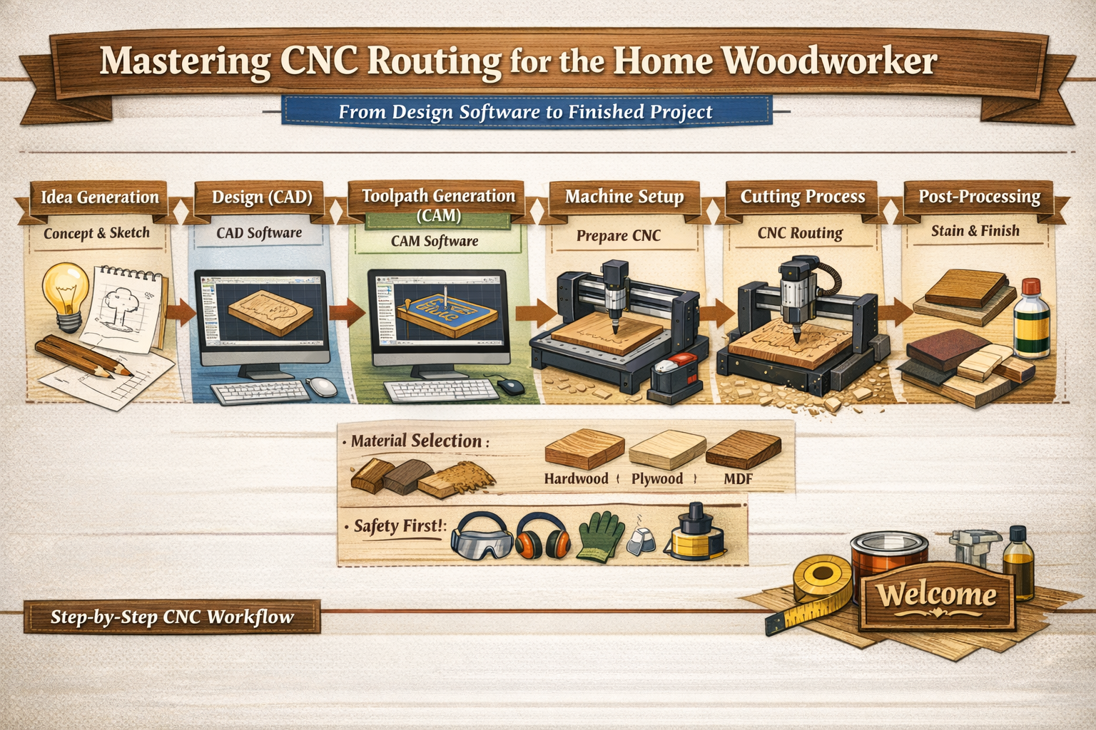 A comprehensive () infographic or detailed illustration depicting a workflow diagram for a home woodworker's CNC project.