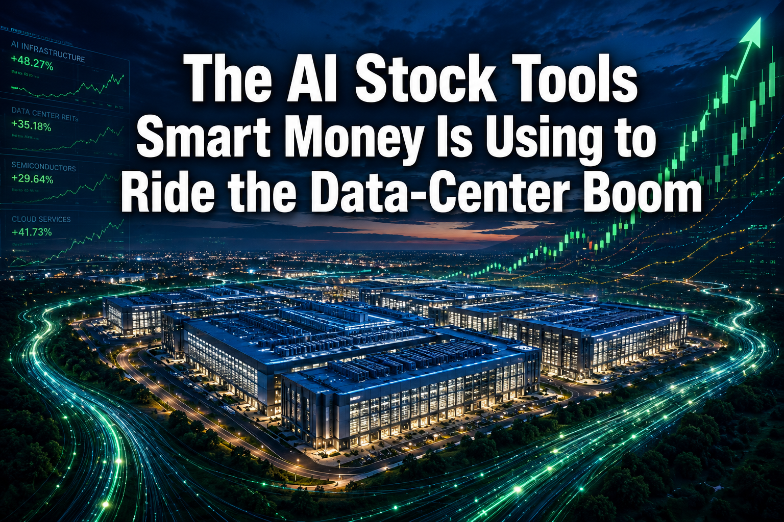 Professional () hero image with : 'The AI Stock Tools Smart Money Is Using to Ride the Data-Center Boom' in extra large