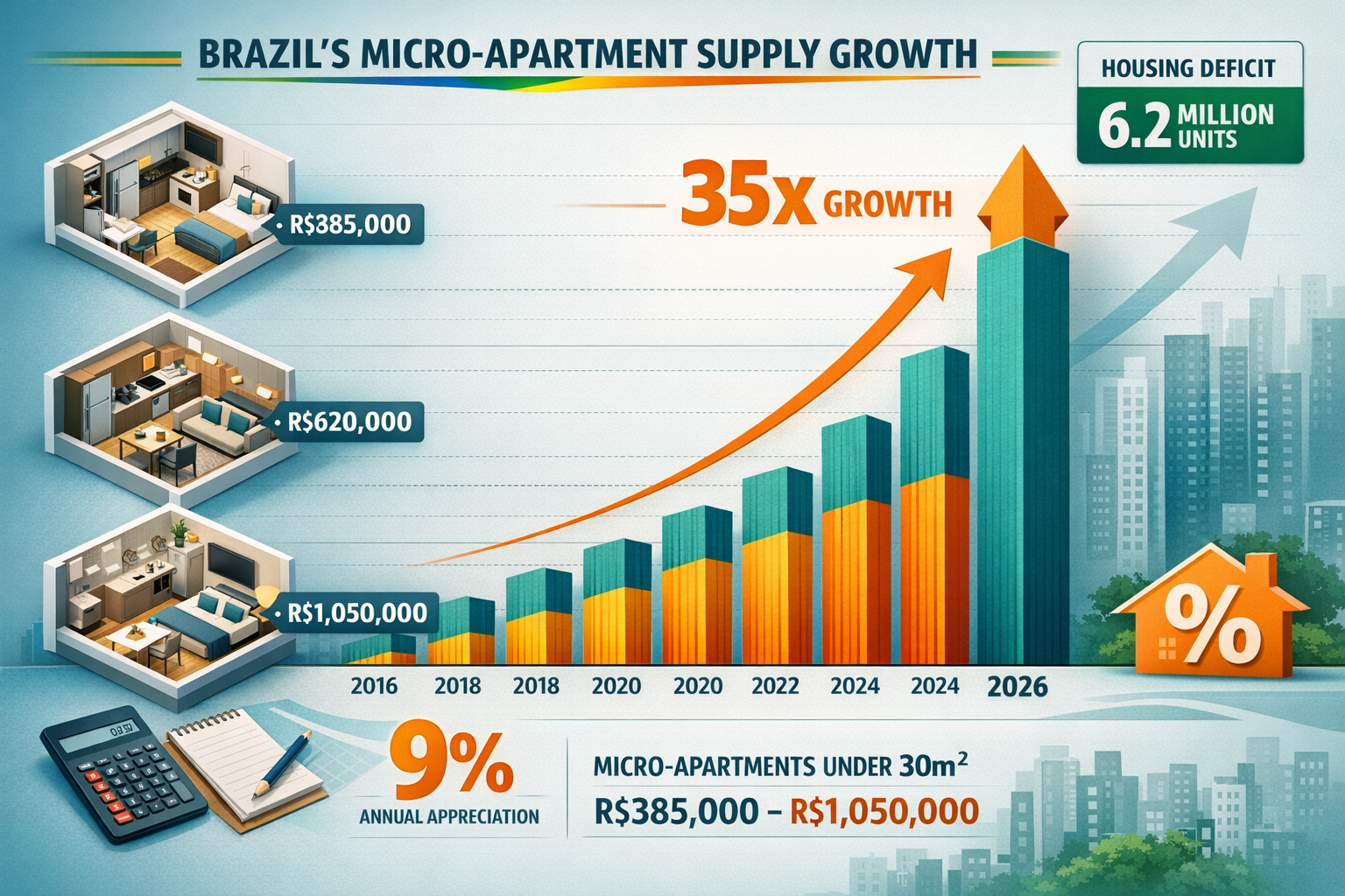 Detailed () infographic showing Brazil's micro-apartment supply growth with dramatic upward trending bar chart from 2016 to