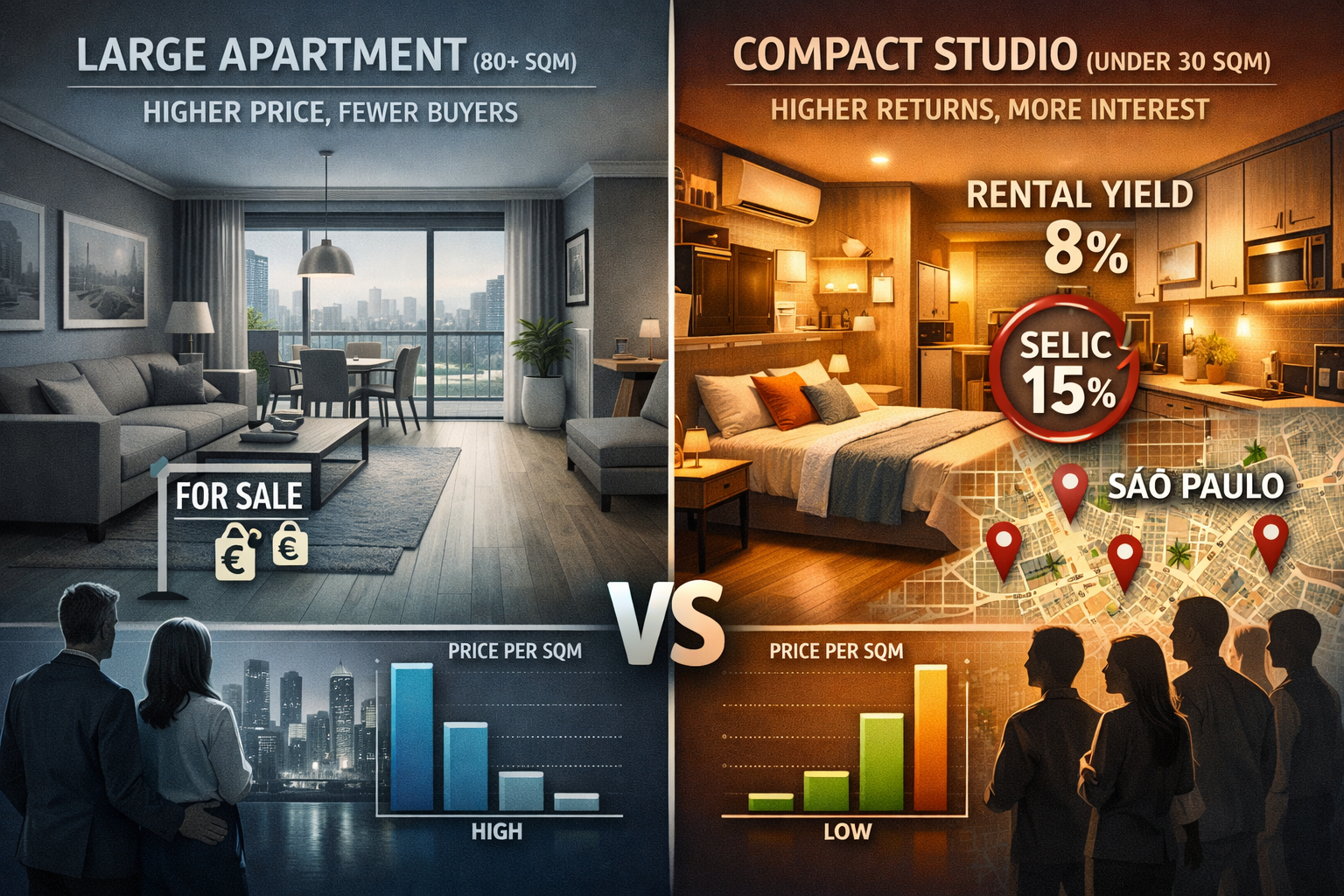 Detailed () split-screen comparison image showing two scenarios: left side displays traditional large family apartment (80+